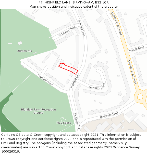 47, HIGHFIELD LANE, BIRMINGHAM, B32 1QR: Location map and indicative extent of plot