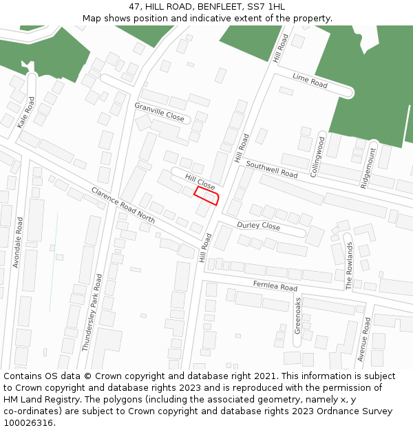 47, HILL ROAD, BENFLEET, SS7 1HL: Location map and indicative extent of plot