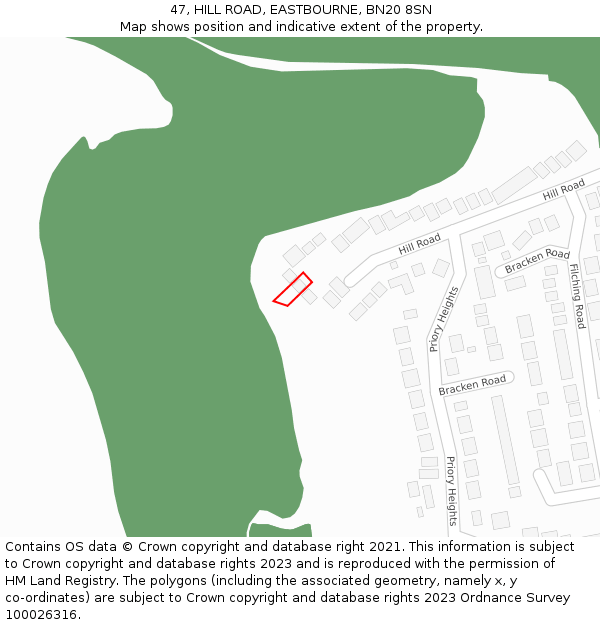 47, HILL ROAD, EASTBOURNE, BN20 8SN: Location map and indicative extent of plot