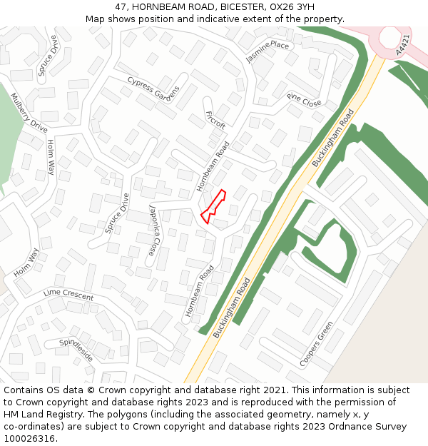 47, HORNBEAM ROAD, BICESTER, OX26 3YH: Location map and indicative extent of plot