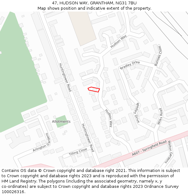 47, HUDSON WAY, GRANTHAM, NG31 7BU: Location map and indicative extent of plot