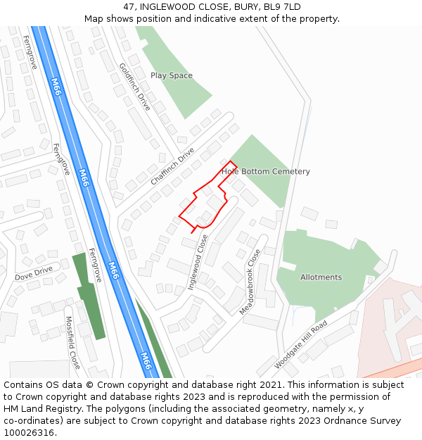 47, INGLEWOOD CLOSE, BURY, BL9 7LD: Location map and indicative extent of plot