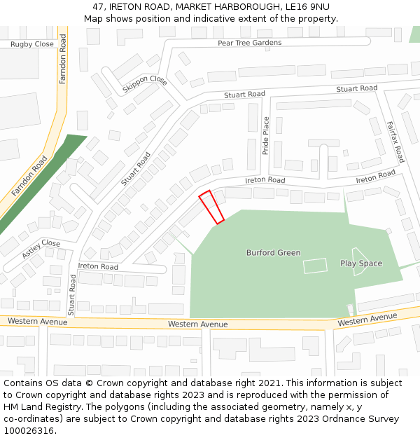 47, IRETON ROAD, MARKET HARBOROUGH, LE16 9NU: Location map and indicative extent of plot