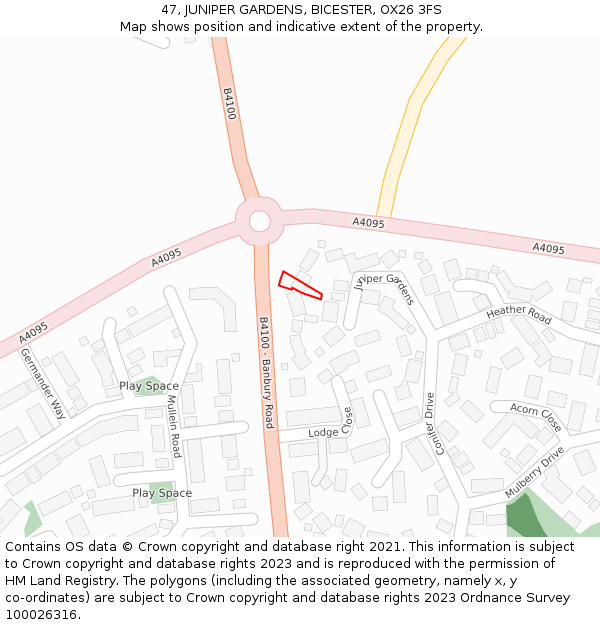 47, JUNIPER GARDENS, BICESTER, OX26 3FS: Location map and indicative extent of plot