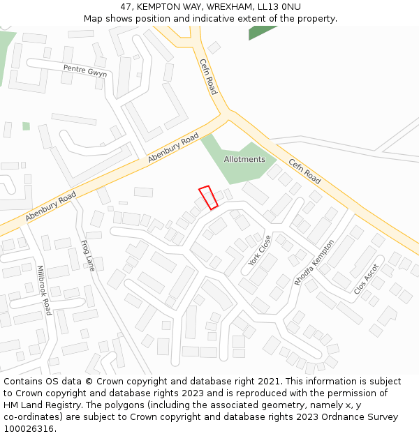 47, KEMPTON WAY, WREXHAM, LL13 0NU: Location map and indicative extent of plot