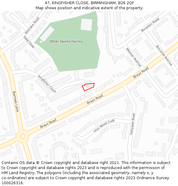 47, KINGFISHER CLOSE, BIRMINGHAM, B26 2QF: Location map and indicative extent of plot