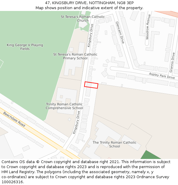47, KINGSBURY DRIVE, NOTTINGHAM, NG8 3EP: Location map and indicative extent of plot