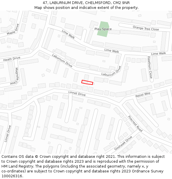 47, LABURNUM DRIVE, CHELMSFORD, CM2 9NR: Location map and indicative extent of plot