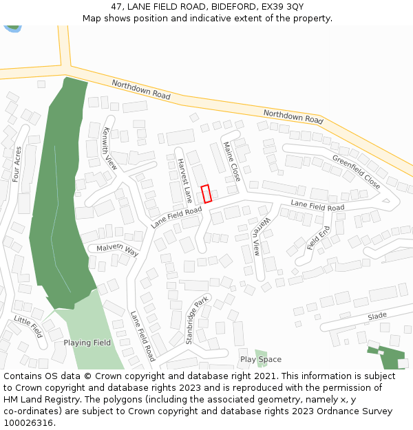 47, LANE FIELD ROAD, BIDEFORD, EX39 3QY: Location map and indicative extent of plot