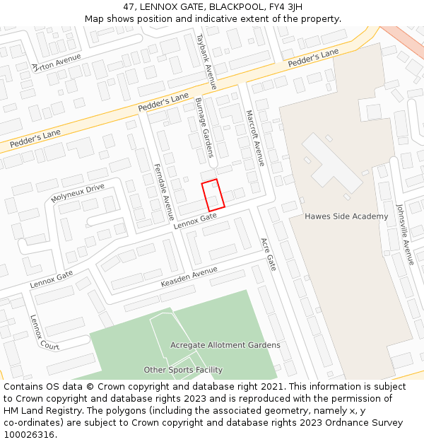 47, LENNOX GATE, BLACKPOOL, FY4 3JH: Location map and indicative extent of plot
