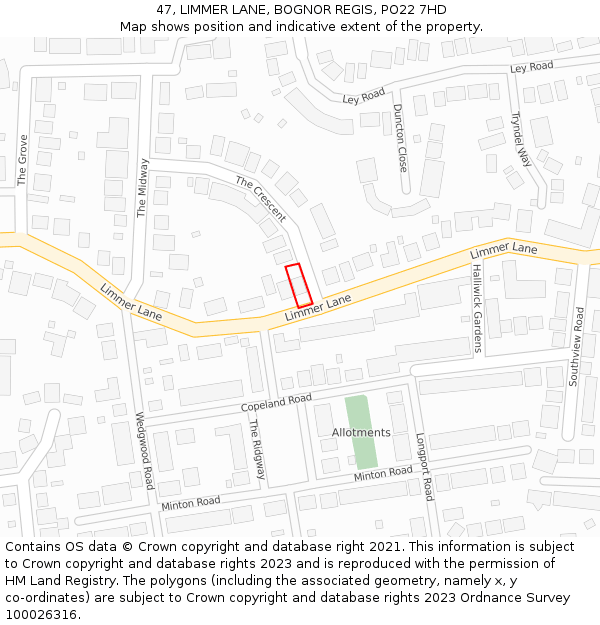 47, LIMMER LANE, BOGNOR REGIS, PO22 7HD: Location map and indicative extent of plot