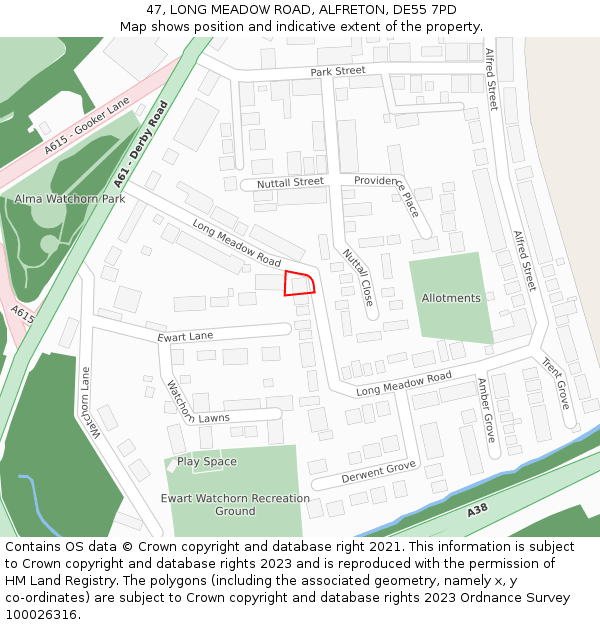 47, LONG MEADOW ROAD, ALFRETON, DE55 7PD: Location map and indicative extent of plot