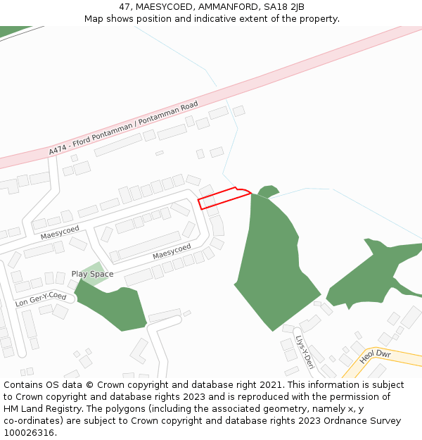 47, MAESYCOED, AMMANFORD, SA18 2JB: Location map and indicative extent of plot