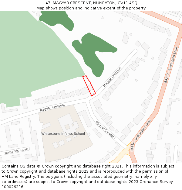 47, MAGYAR CRESCENT, NUNEATON, CV11 4SQ: Location map and indicative extent of plot