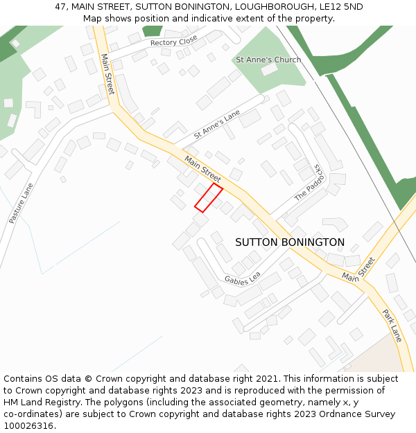 47, MAIN STREET, SUTTON BONINGTON, LOUGHBOROUGH, LE12 5ND: Location map and indicative extent of plot