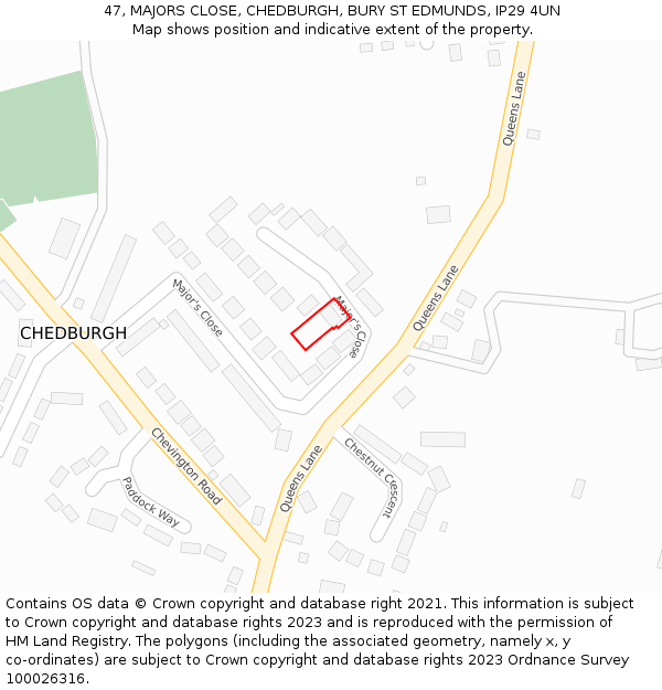 47, MAJORS CLOSE, CHEDBURGH, BURY ST EDMUNDS, IP29 4UN: Location map and indicative extent of plot