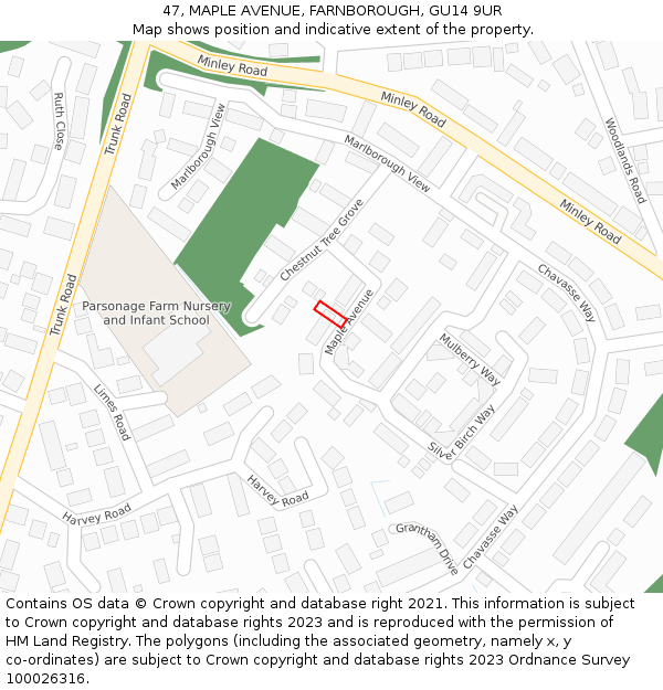47, MAPLE AVENUE, FARNBOROUGH, GU14 9UR: Location map and indicative extent of plot