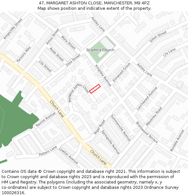 47, MARGARET ASHTON CLOSE, MANCHESTER, M9 4PZ: Location map and indicative extent of plot