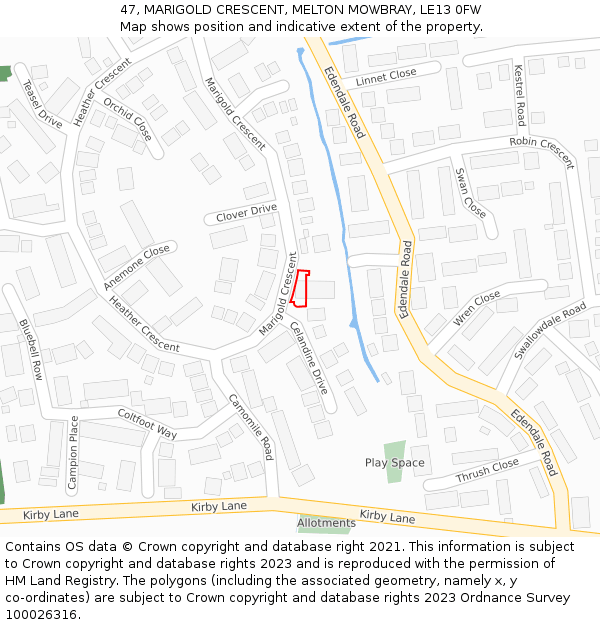 47, MARIGOLD CRESCENT, MELTON MOWBRAY, LE13 0FW: Location map and indicative extent of plot