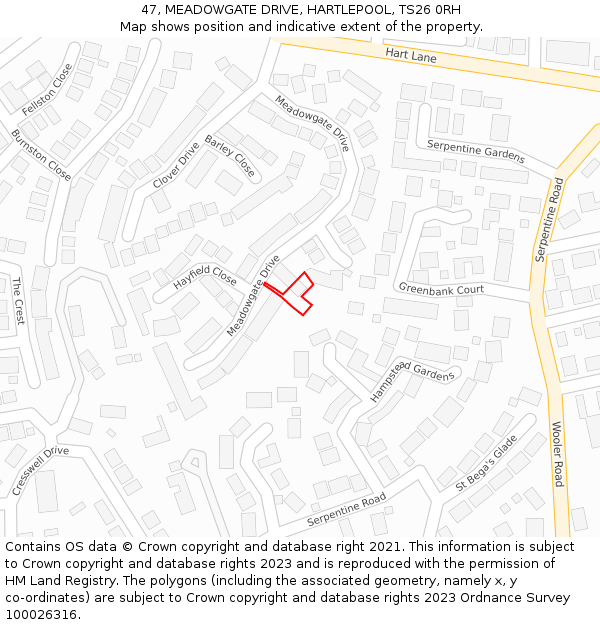 47, MEADOWGATE DRIVE, HARTLEPOOL, TS26 0RH: Location map and indicative extent of plot