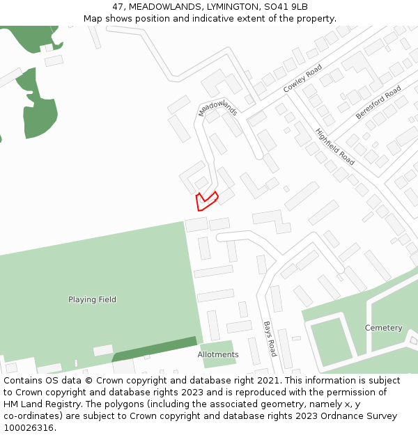 47, MEADOWLANDS, LYMINGTON, SO41 9LB: Location map and indicative extent of plot