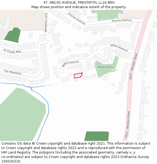 47, MELYD AVENUE, PRESTATYN, LL19 8RN: Location map and indicative extent of plot