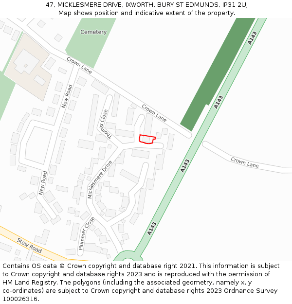 47, MICKLESMERE DRIVE, IXWORTH, BURY ST EDMUNDS, IP31 2UJ: Location map and indicative extent of plot