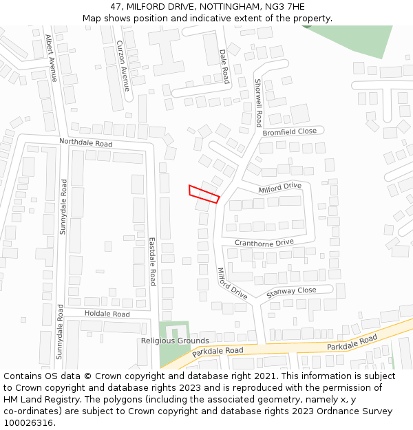 47, MILFORD DRIVE, NOTTINGHAM, NG3 7HE: Location map and indicative extent of plot