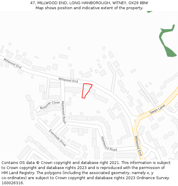 47, MILLWOOD END, LONG HANBOROUGH, WITNEY, OX29 8BW: Location map and indicative extent of plot