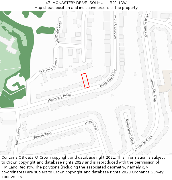 47, MONASTERY DRIVE, SOLIHULL, B91 1DW: Location map and indicative extent of plot