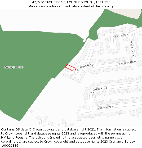 47, MONTAGUE DRIVE, LOUGHBOROUGH, LE11 3SB: Location map and indicative extent of plot