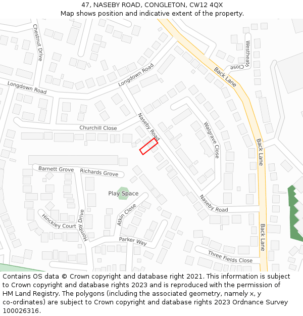47, NASEBY ROAD, CONGLETON, CW12 4QX: Location map and indicative extent of plot