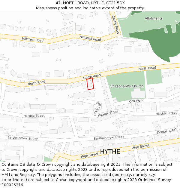 47, NORTH ROAD, HYTHE, CT21 5DX: Location map and indicative extent of plot