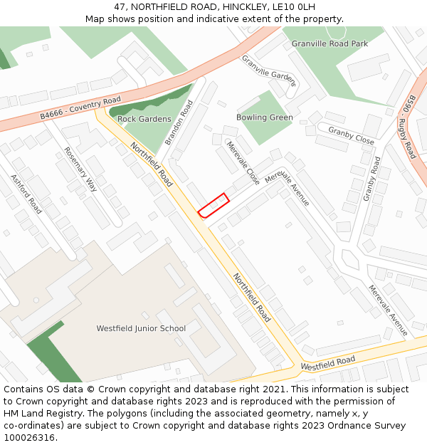 47, NORTHFIELD ROAD, HINCKLEY, LE10 0LH: Location map and indicative extent of plot