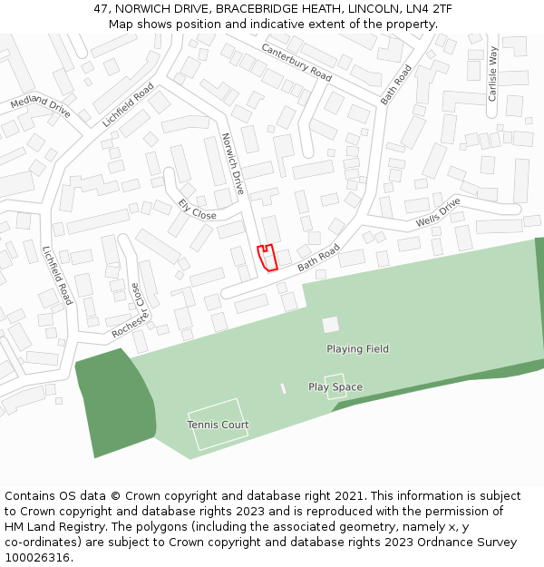47, NORWICH DRIVE, BRACEBRIDGE HEATH, LINCOLN, LN4 2TF: Location map and indicative extent of plot