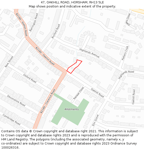 47, OAKHILL ROAD, HORSHAM, RH13 5LE: Location map and indicative extent of plot