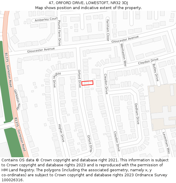 47, ORFORD DRIVE, LOWESTOFT, NR32 3DJ: Location map and indicative extent of plot