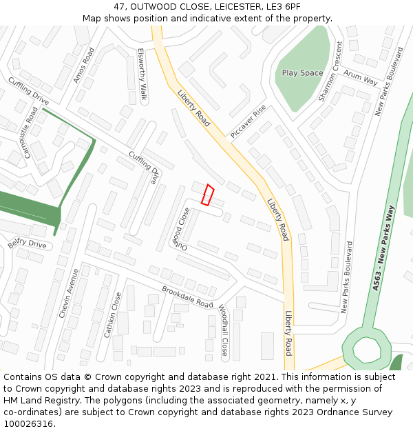 47, OUTWOOD CLOSE, LEICESTER, LE3 6PF: Location map and indicative extent of plot