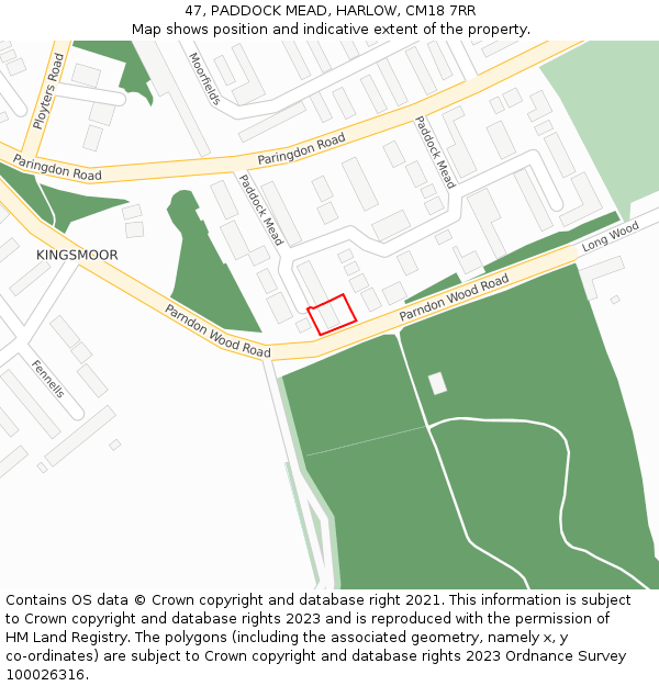 47, PADDOCK MEAD, HARLOW, CM18 7RR: Location map and indicative extent of plot