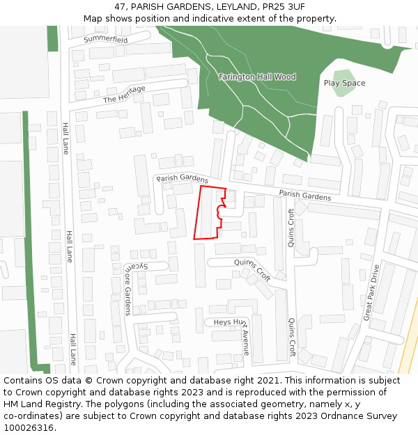 47, PARISH GARDENS, LEYLAND, PR25 3UF: Location map and indicative extent of plot