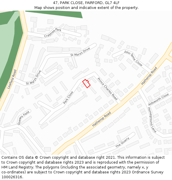 47, PARK CLOSE, FAIRFORD, GL7 4LF: Location map and indicative extent of plot