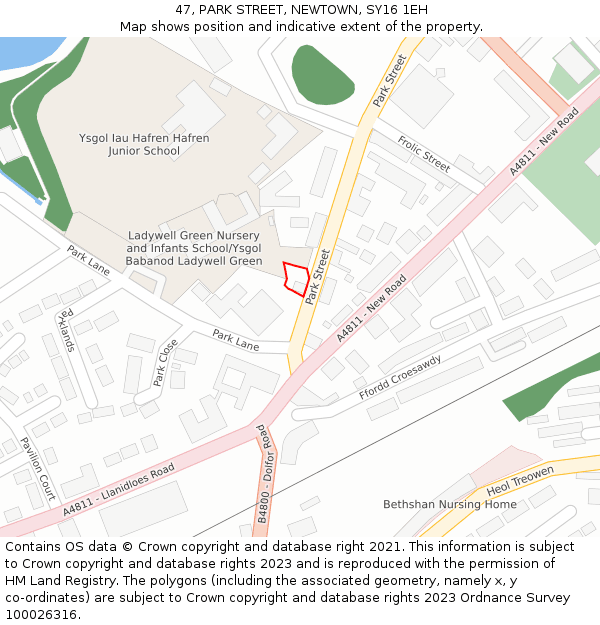 47, PARK STREET, NEWTOWN, SY16 1EH: Location map and indicative extent of plot