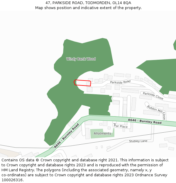 47, PARKSIDE ROAD, TODMORDEN, OL14 8QA: Location map and indicative extent of plot