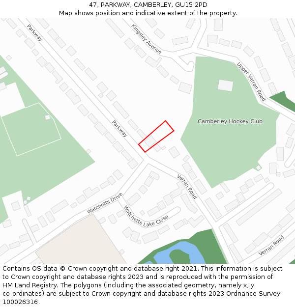 47, PARKWAY, CAMBERLEY, GU15 2PD: Location map and indicative extent of plot