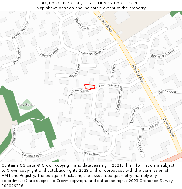 47, PARR CRESCENT, HEMEL HEMPSTEAD, HP2 7LL: Location map and indicative extent of plot