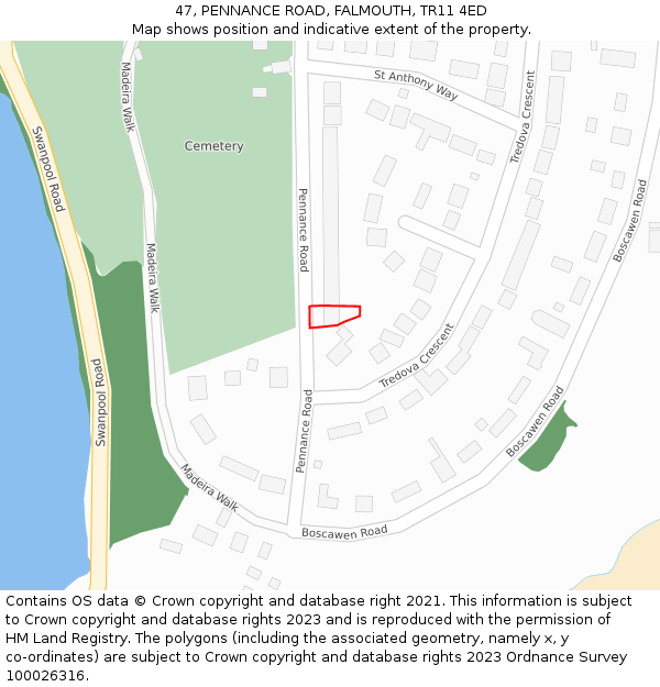 47, PENNANCE ROAD, FALMOUTH, TR11 4ED: Location map and indicative extent of plot