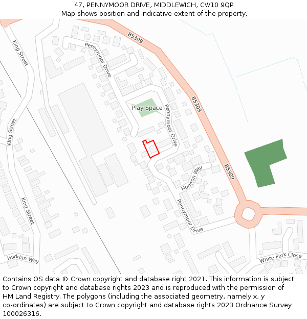 47, PENNYMOOR DRIVE, MIDDLEWICH, CW10 9QP: Location map and indicative extent of plot