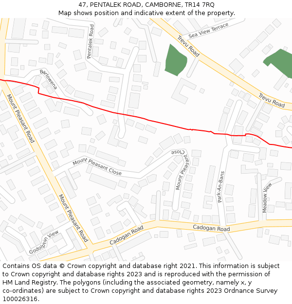 47, PENTALEK ROAD, CAMBORNE, TR14 7RQ: Location map and indicative extent of plot