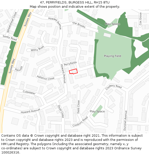 47, PERRYFIELDS, BURGESS HILL, RH15 8TU: Location map and indicative extent of plot