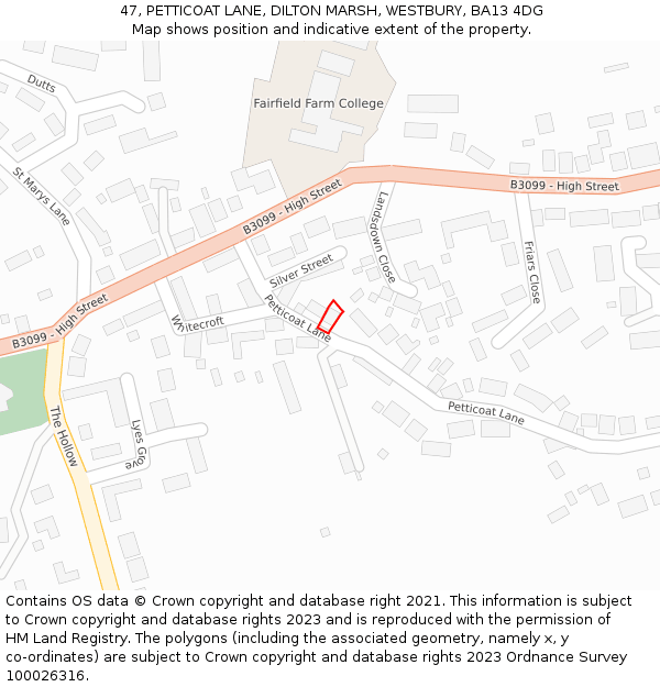 47, PETTICOAT LANE, DILTON MARSH, WESTBURY, BA13 4DG: Location map and indicative extent of plot